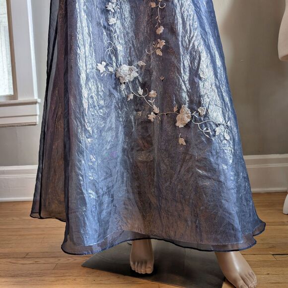 Vintage 90s y2k Scene Prom Gown Blue Floral Embroidery Beaded Fringe Size 9/10 - Picture 11 of 17